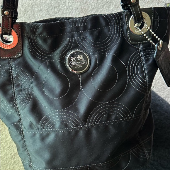 Coach black sateen cloth tote , patent leather trim. - Picture 3 of 12